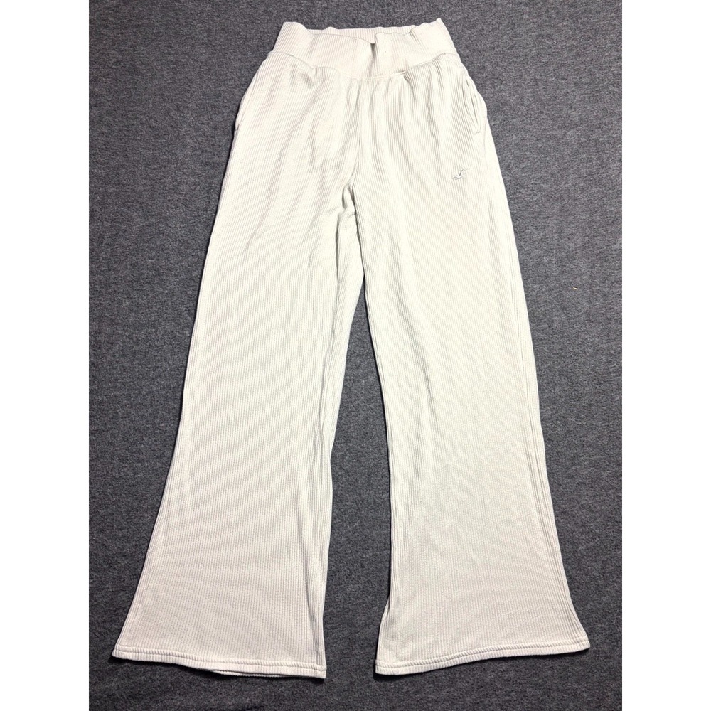 Hollister Sleep Pants Womens XS Beige Stretch Ribbed High Rise Cozy Wide Leg